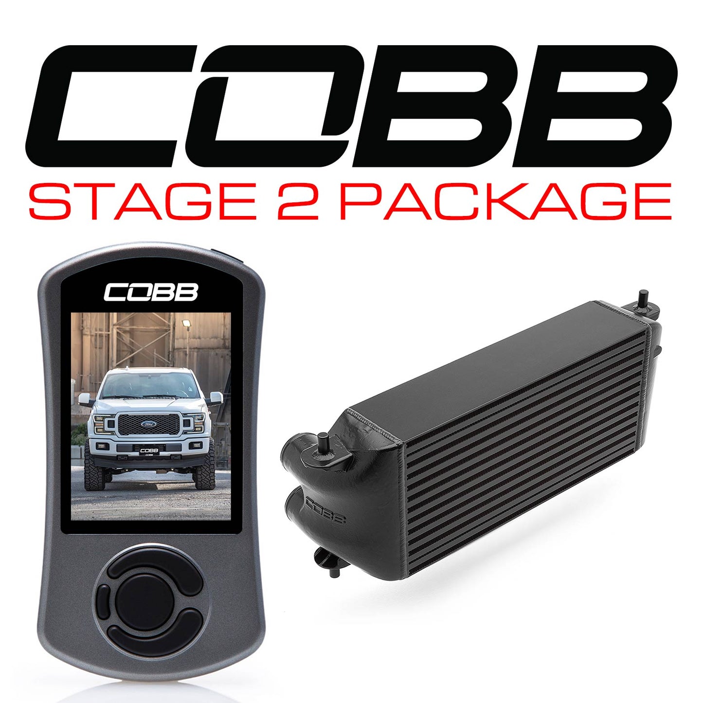 Cobb Stage 2 Package with a display and intercooler on a white background
